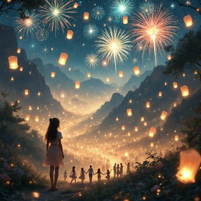 The primary subject of the image is a young girl walking down a path in a beautiful, lush forest. The setting is a serene, natural environment with a mountainous backdrop. The visual style is a digital art or illustration, creating a vibrant and lively atmosphere. The colors and mood are predominantly warm and inviting, with the glowing lights and fireworks adding a sense of celebration and wonder to the scene.